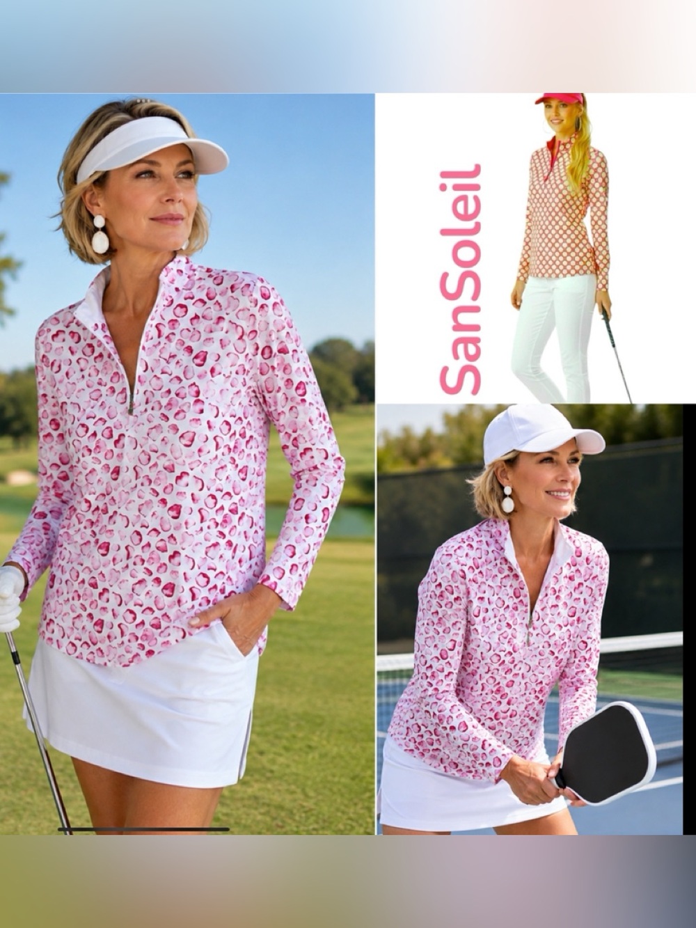 SanSoleil 50uv long-sleeve quarter-zip mock neck Sun Shirt pink & white XXL